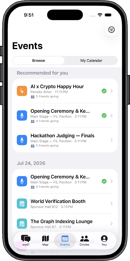wyd Events tab with recommendations and friends going