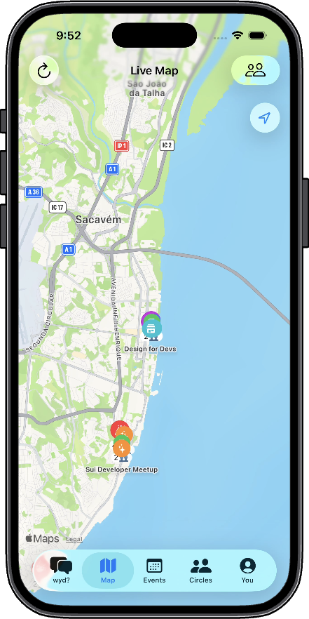 wyd Live Map tab showing events around Lisbon's waterfront