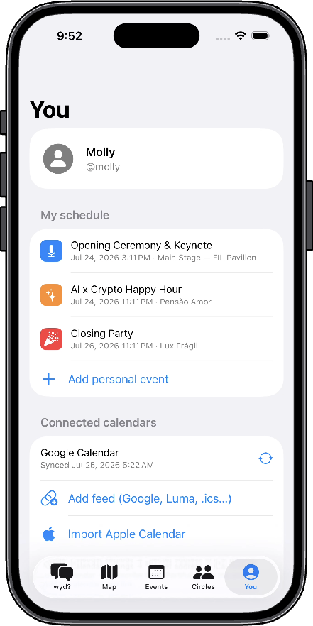 You tab with schedule and connected calendars